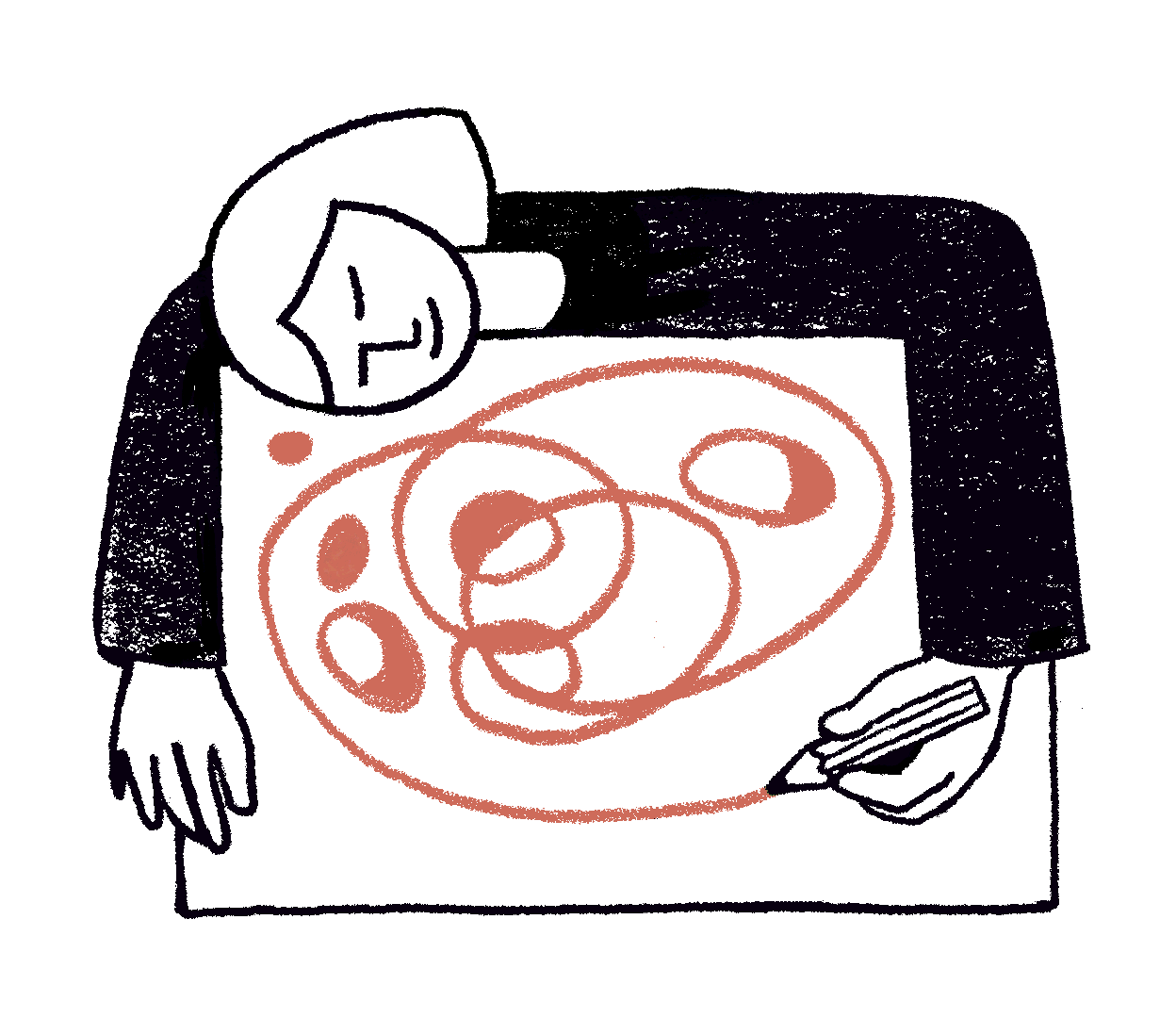 A person drawing on paper, with an abstract composition taking shape